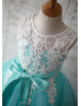 Turquoise Tulle Ivory Lace V Back Knee Length Flower Girl Dress 